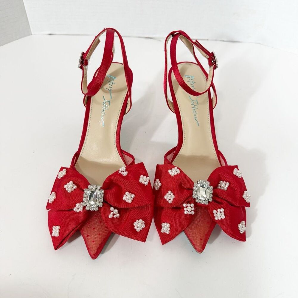 Betsey Johnson Mark Red Embellished Pearl Rhinestone Coquette Mesh Pumps Size 6 - Picture 3 of 8